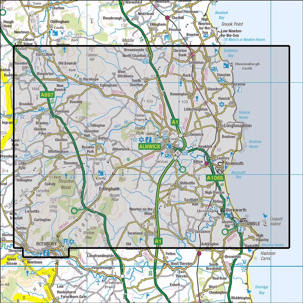 OMN4 image showing the area of the Ordnance Survey 1:25,000 Explorer map 332 Alnwick & Amble