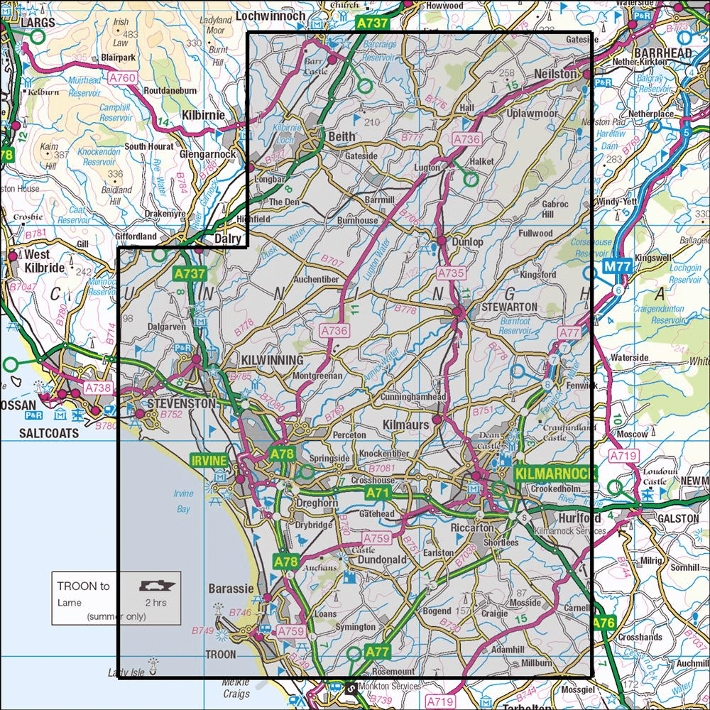 OMN4 image showing the area of the Ordnance Survey 1:25,000 Explorer map 333 Kilmarnock & Irvine