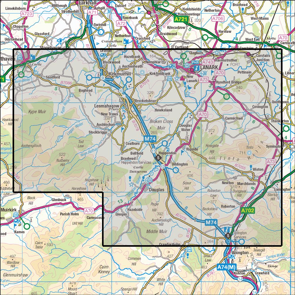 OMN4 image showing the area of the Ordnance Survey 1:25,000 Explorer map 335 Lanark & Tinto Hills