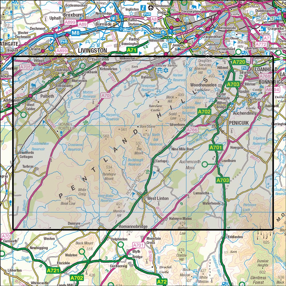 OMN4 image showing the area of the Ordnance Survey 1:25,000 Explorer map 344 Pentland Hills
