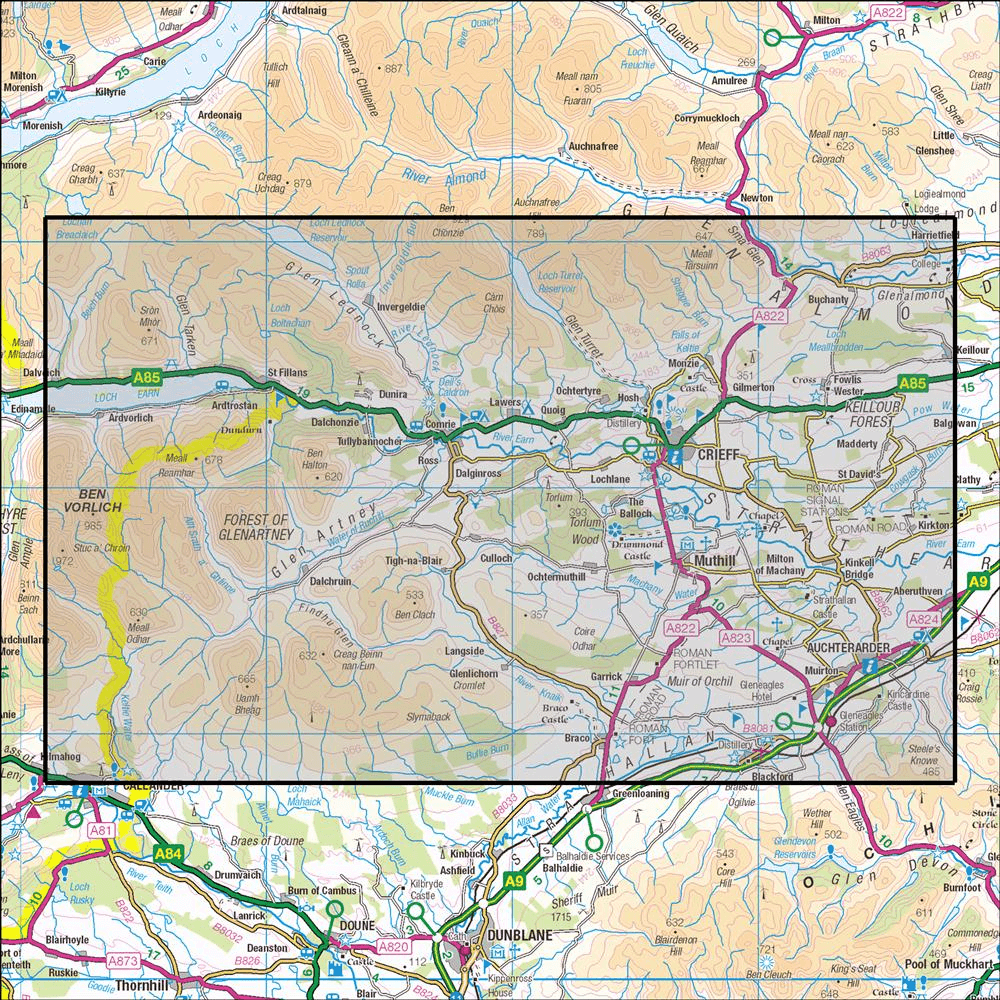OMN4 image showing the area of the Ordnance Survey 1:25,000 Explorer map 368 Crieff, Comrie & Glen Artney