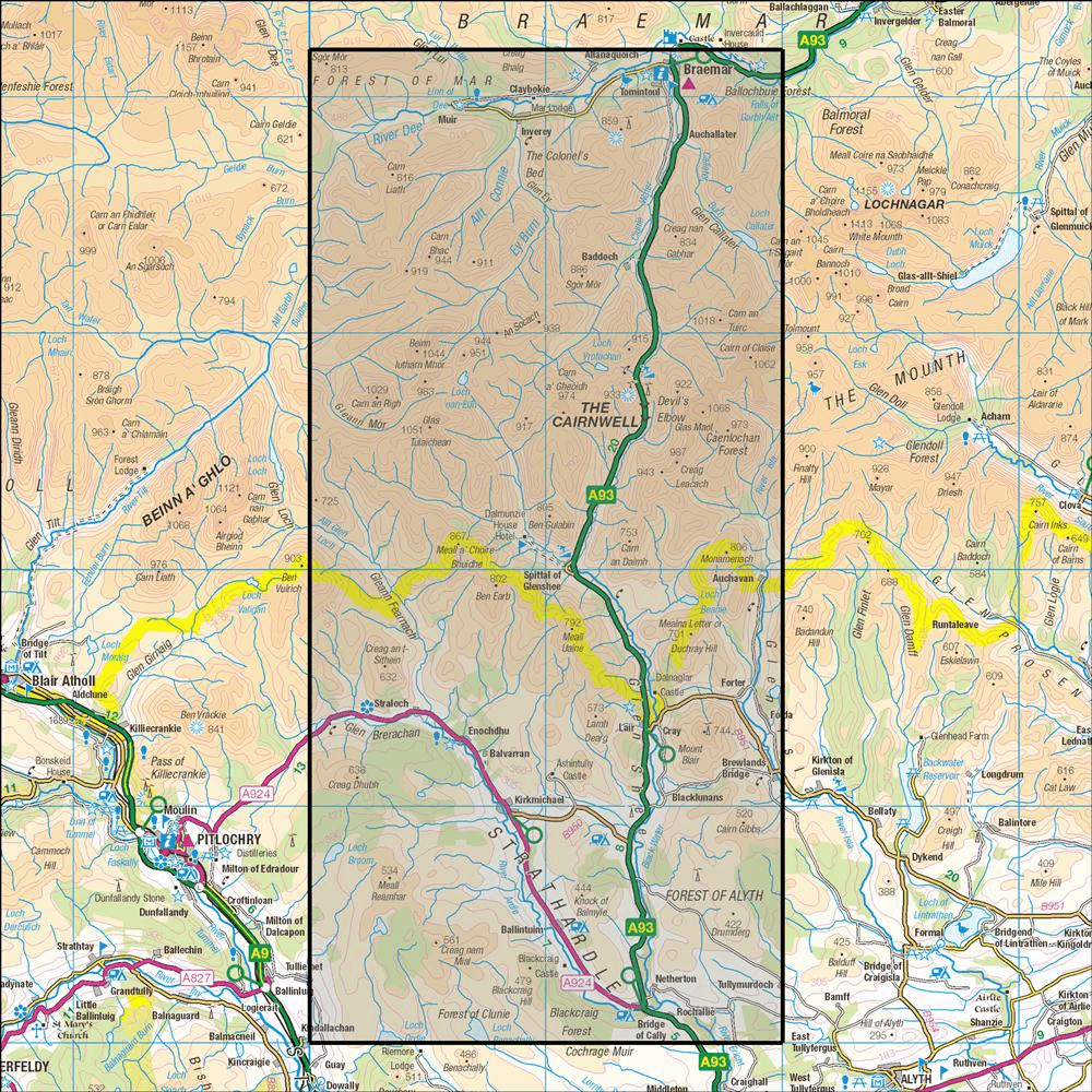 OMN4 image showing the area of the Ordnance Survey 1:25,000 Explorer map 387 Glen Shee & Braemar