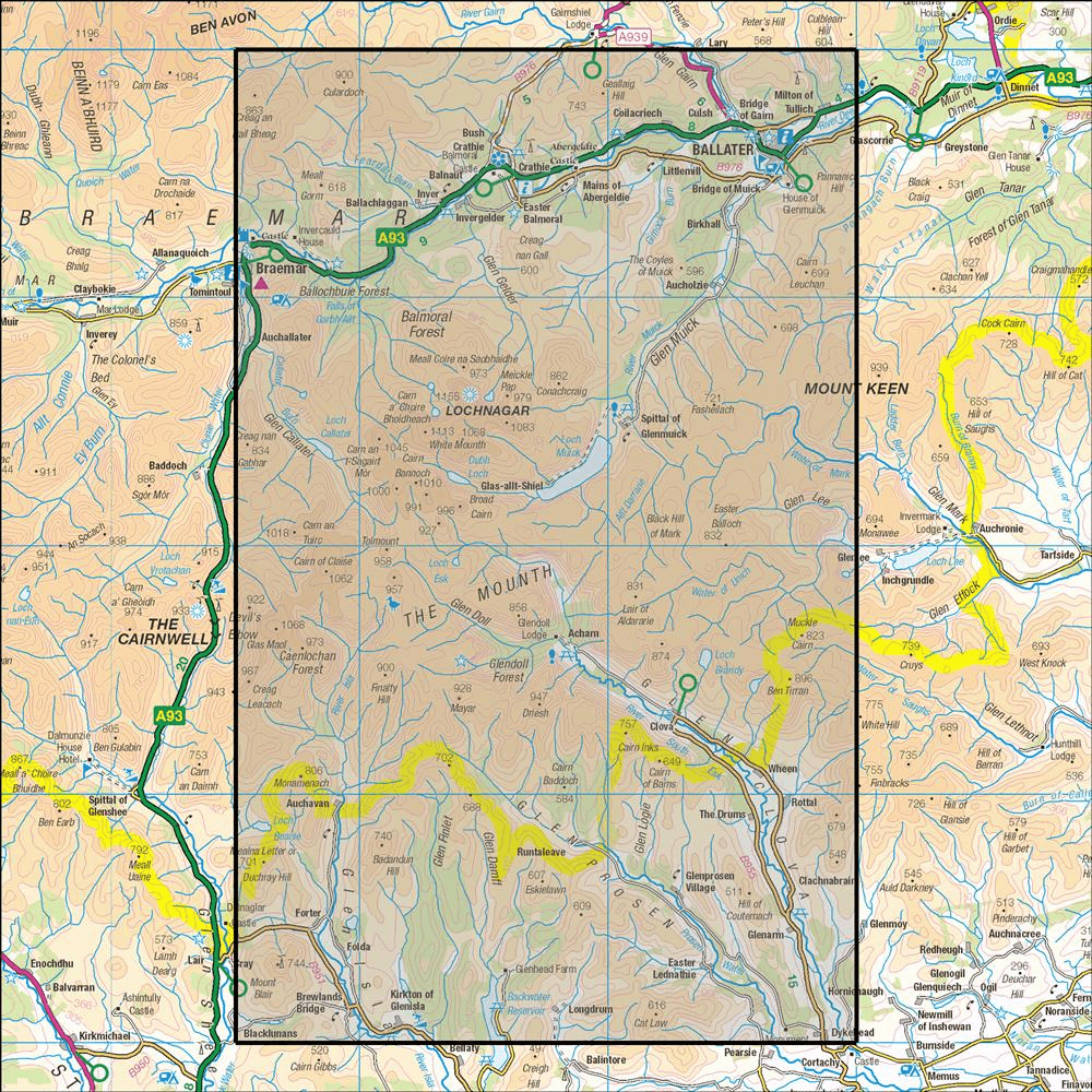 OMN4 image showing the area of the Ordnance Survey 1:25,000 Explorer map 388 Lochnagar, Glen Muick & Glen Clova