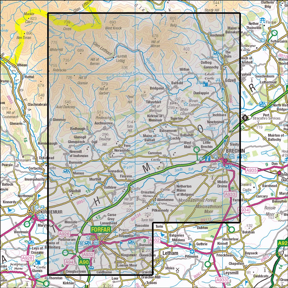 OMN4 image showing the area of the Ordnance Survey 1:25,000 Explorer map 389 Strathmore, Blairgowrie & Forfar