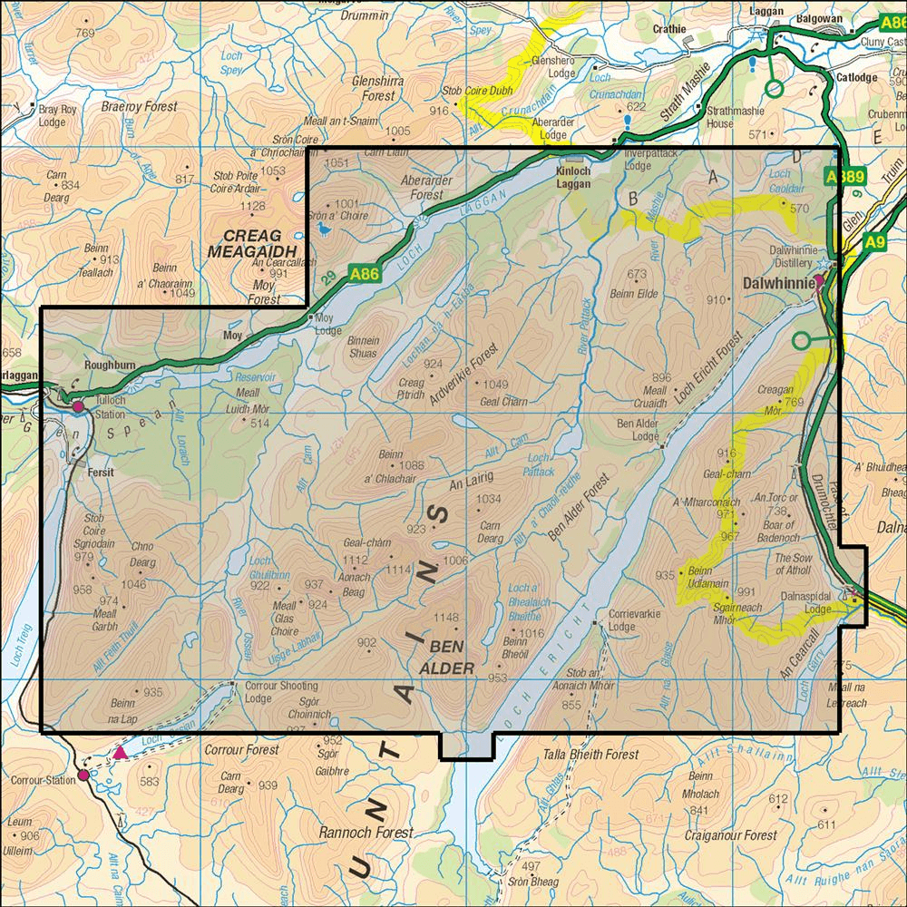 OMN4 image showing the area of the Ordnance Survey 1:25,000 Explorer map 393 Ben Alder, Loch Ericht & Loch Laggan