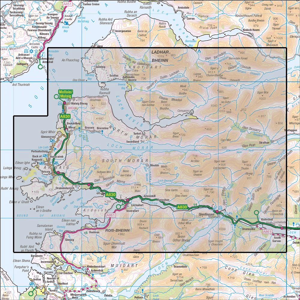 OMN4 image showing the area of the Ordnance Survey 1:25,000 Explorer map 398 Loch Morar, Mallaig, Arisaig & Glenfinnan