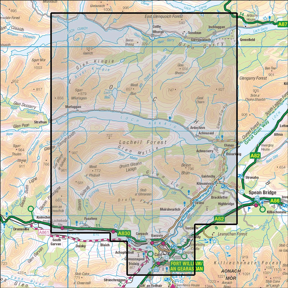 OMN4 image showing the area of the Ordnance Survey 1:25,000 Explorer map 399 Loch Arkaig & Fort William