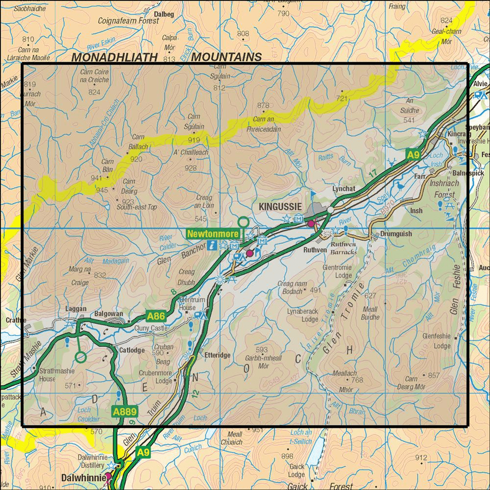 OMN4 image showing the area of the Ordnance Survey 1:25,000 Explorer map 402 Strathspey - Kingussie & Newtonmore