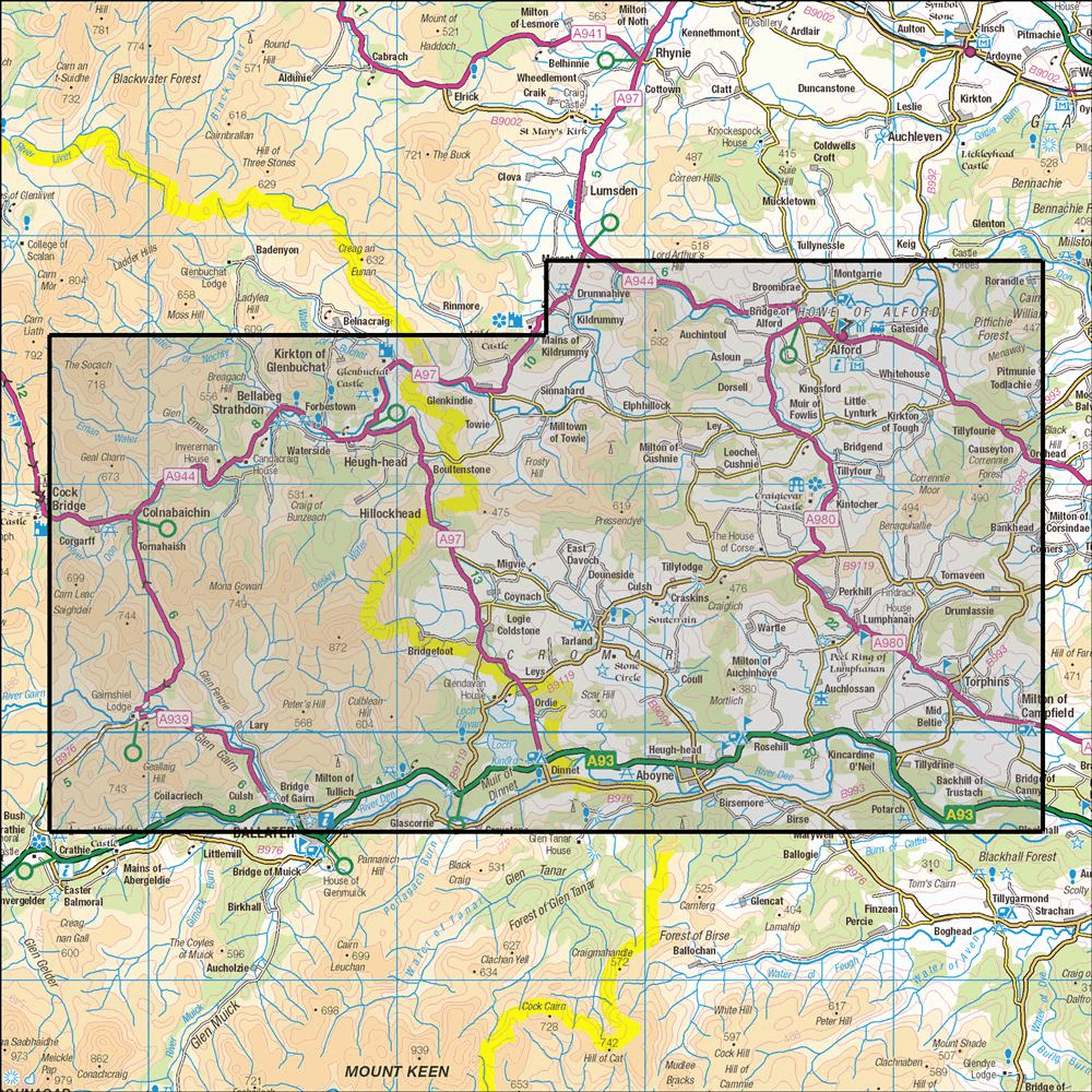 OMN4 image showing the area of the Ordnance Survey 1:25,000 Explorer map 405 Aboyne, Alford & Strathdon