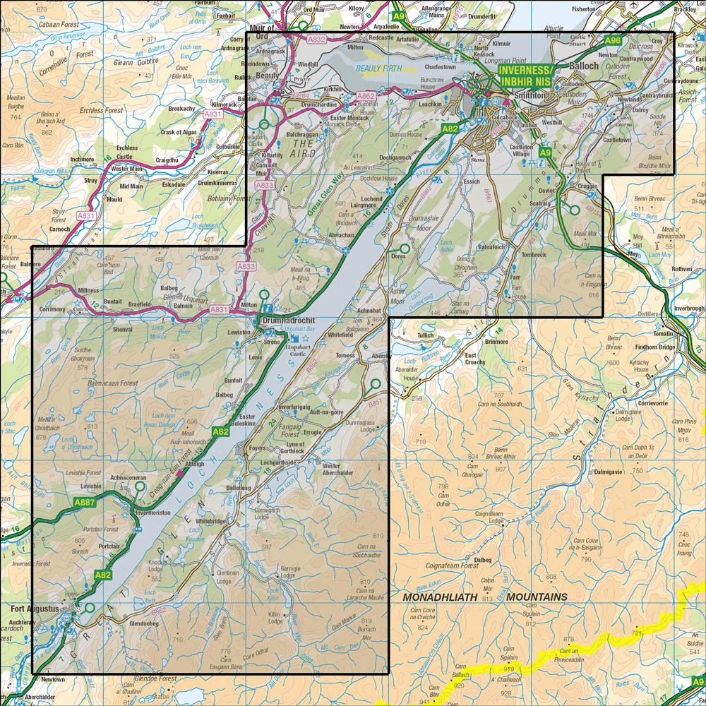 OMN4 image showing the area of the Ordnance Survey 1:25,000 Explorer map 416 Inverness, Culloden Moor & Loch Ness