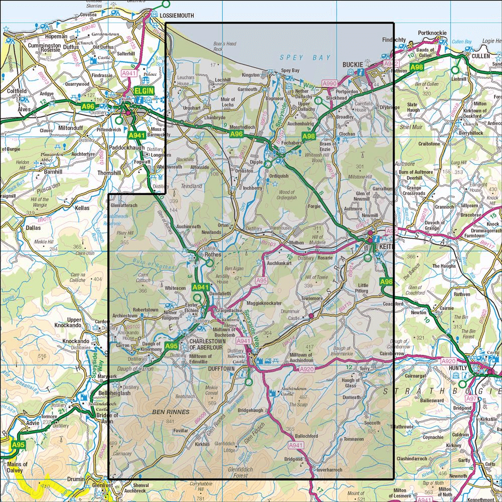 OMN4 image showing the area of the Ordnance Survey 1:25,000 Explorer map 424 Keith, Buckie & Charlestown of Aberlour