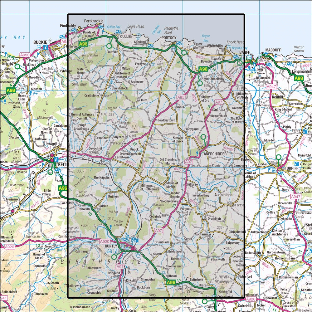 OMN4 image showing the area of the Ordnance Survey 1:25,000 Explorer map 425 Huntly & Cullen, Portknockie & Portsoy