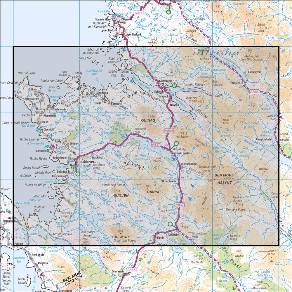 OMN4 image showing the area of the Ordnance Survey 1:25,000 Explorer map 442 Assynt & Lochinver