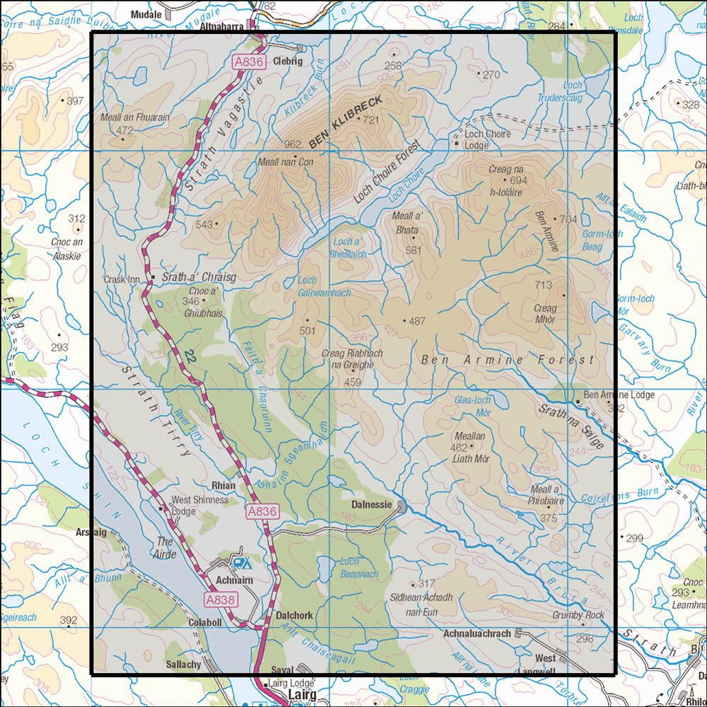 OMN4 image showing the area of the Ordnance Survey 1:25,000 Explorer map 443 Ben Klibreck & Ben Armine Forest