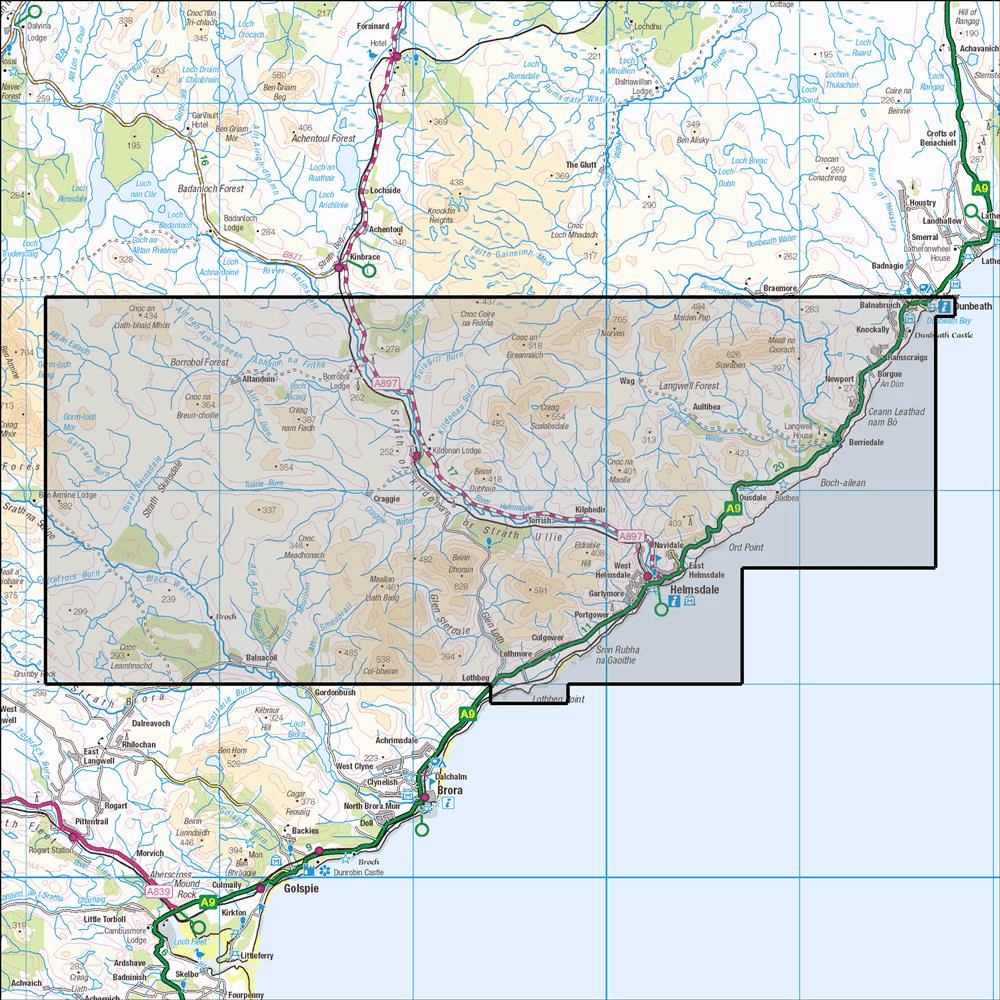 OMN4 image showing the area of the Ordnance Survey 1:25,000 Explorer map 444 Helmsdale & Strath of Kildonan