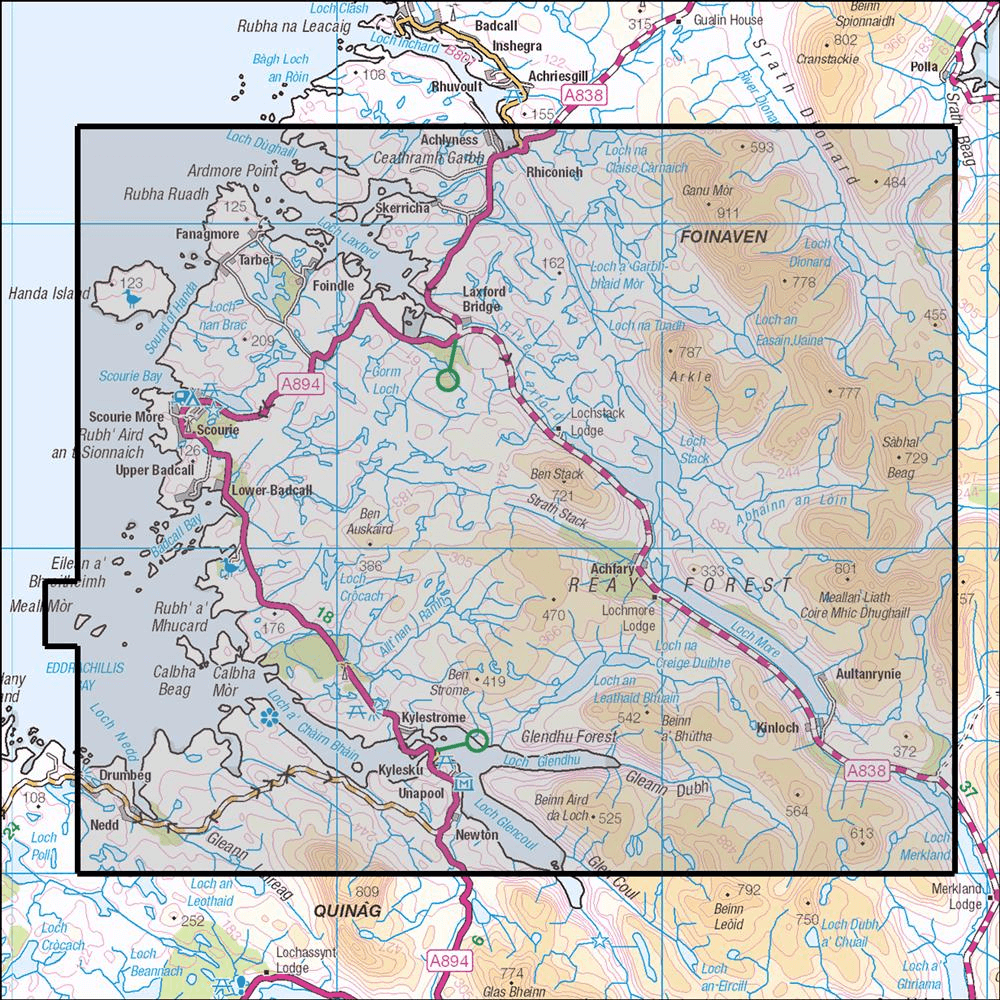 OMN4 image showing the area of the Ordnance Survey 1:25,000 Explorer map 445 Foinaven, Arkle, Kylesku & Scourie