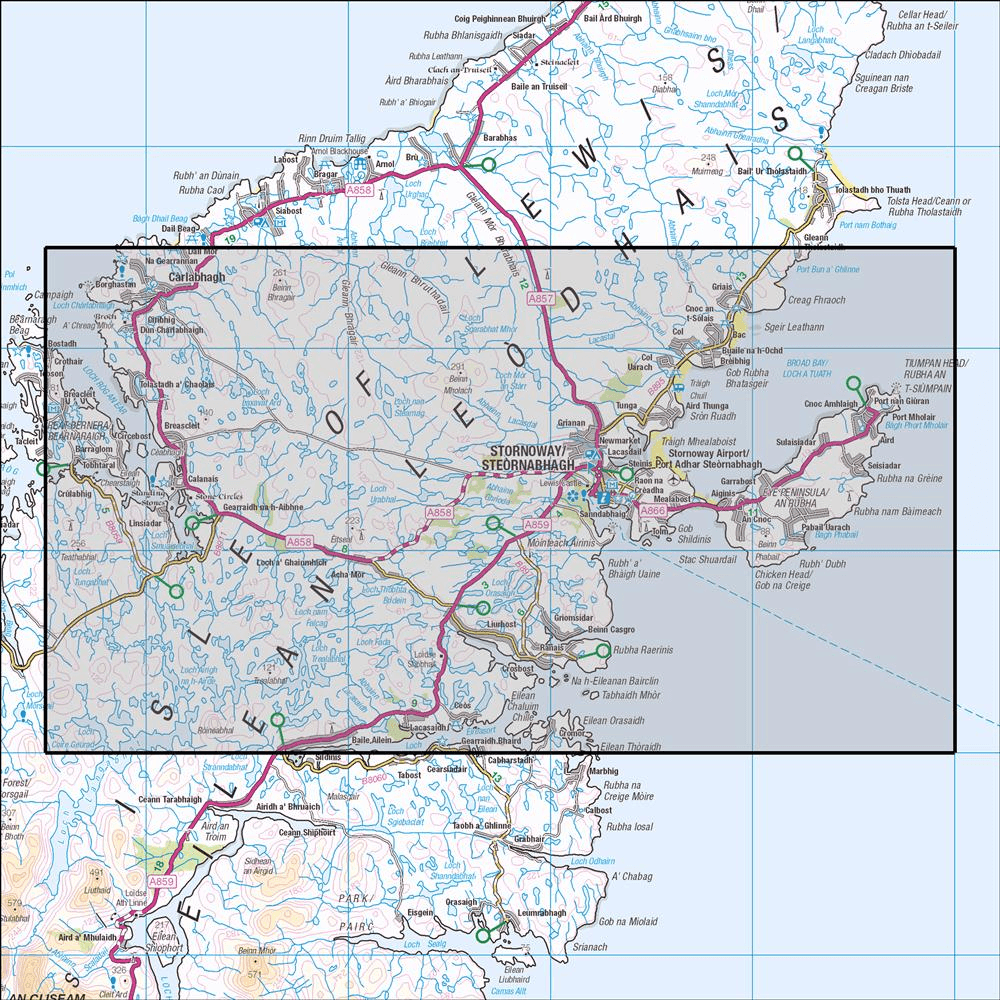 OMN4 image showing the area of the Ordnance Survey 1:25,000 Explorer map 459 Central Lewis & Stornoway