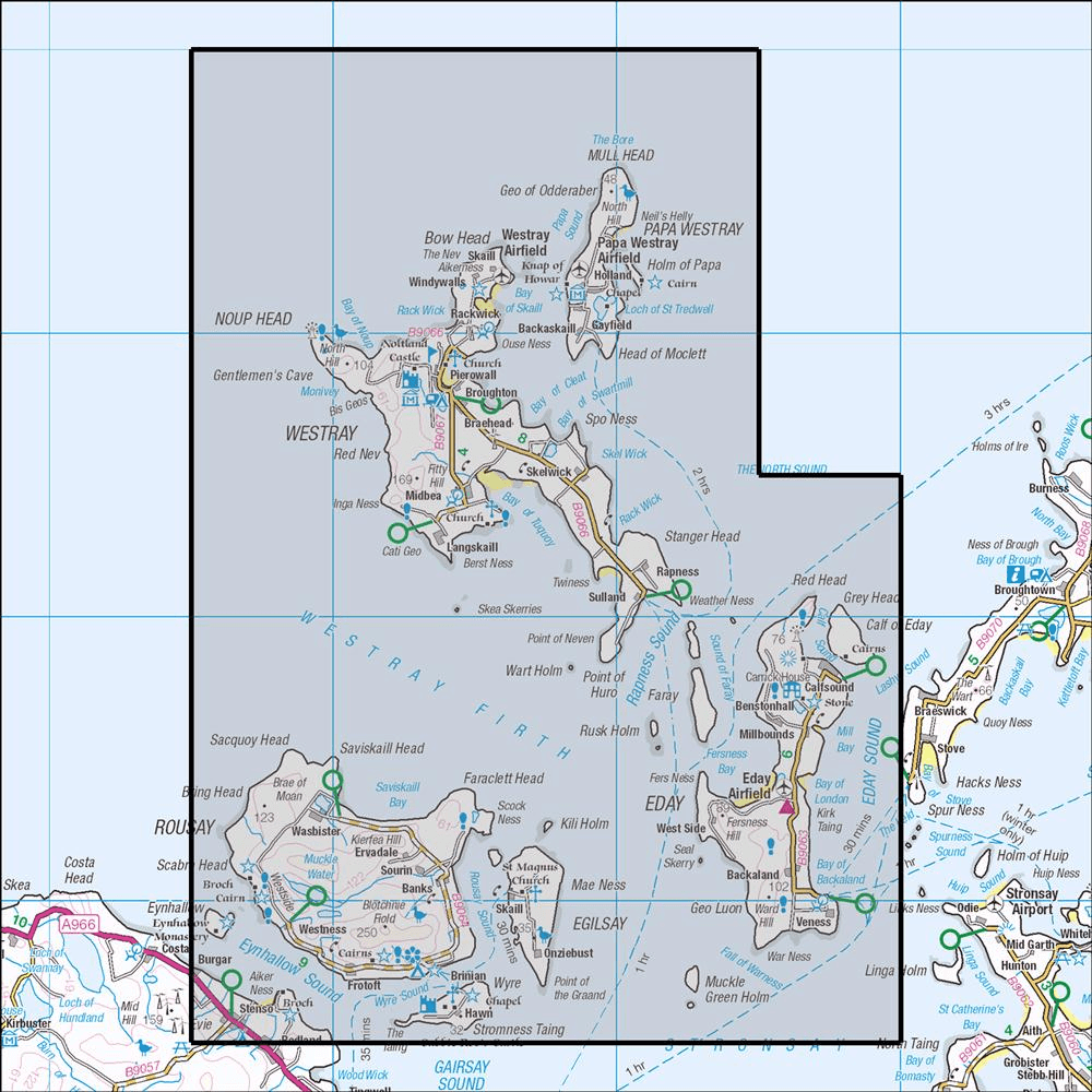 OMN4 image showing the area of the Ordnance Survey 1:25,000 Explorer map 464 Orkney - Westray. Rousay & Eday