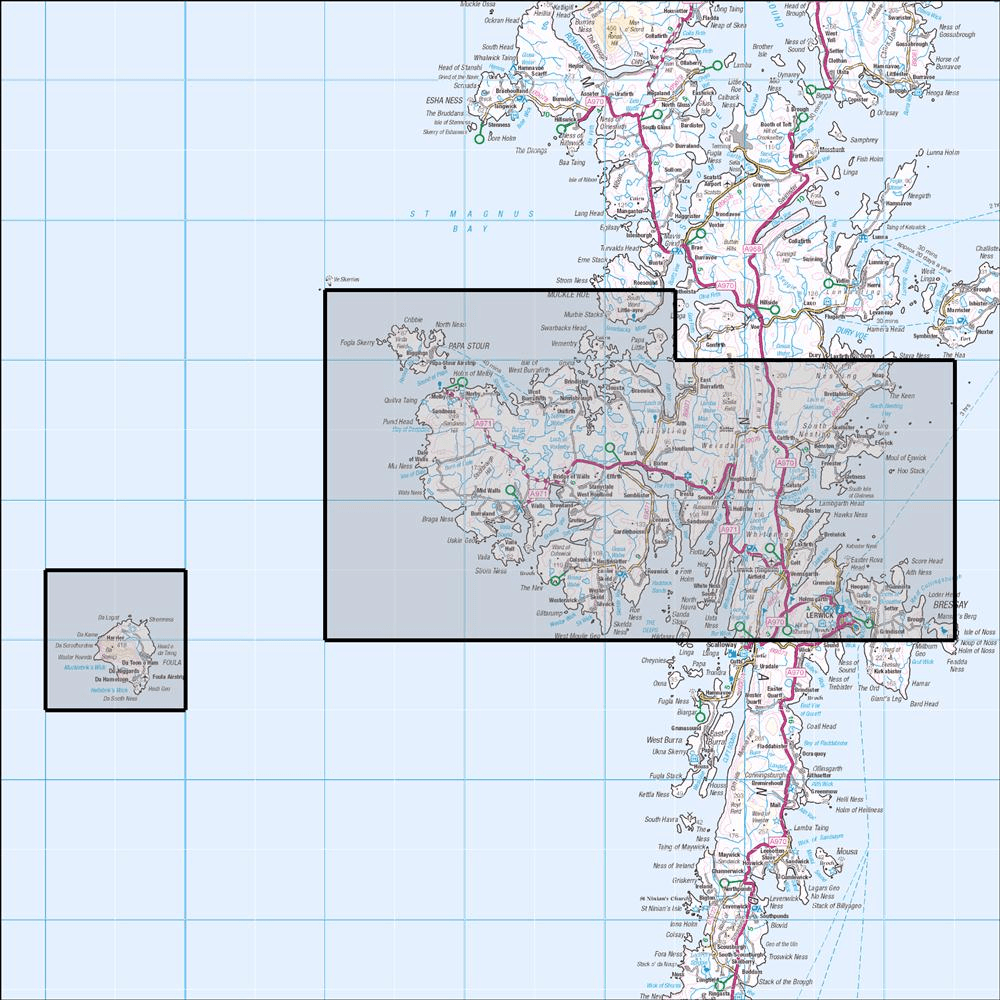 OMN4 image showing the area of the Ordnance Survey 1:25,000 Explorer map 467 Central Mainland - Lerwick, Papa Stour & Foula
