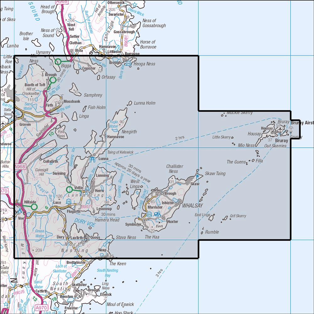 OMN4 image showing the area of the Ordnance Survey 1:25,000 Explorer map 468 Shetland - Mainland North East & Whalsay