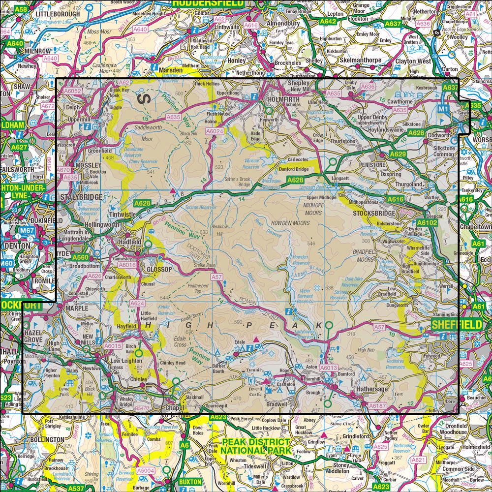 OMN4 image showing the area of the Ordnance Survey 1:25,000 Explorer map OL1 Peak District - Dark Peak Area