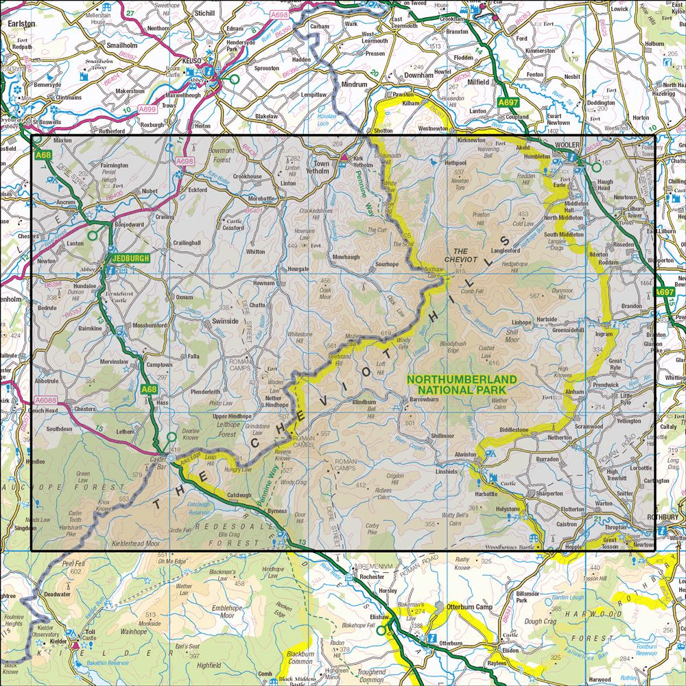OMN4 image showing the area of the Ordnance Survey 1:25,000 Explorer map OL16 The Cheviot Hills