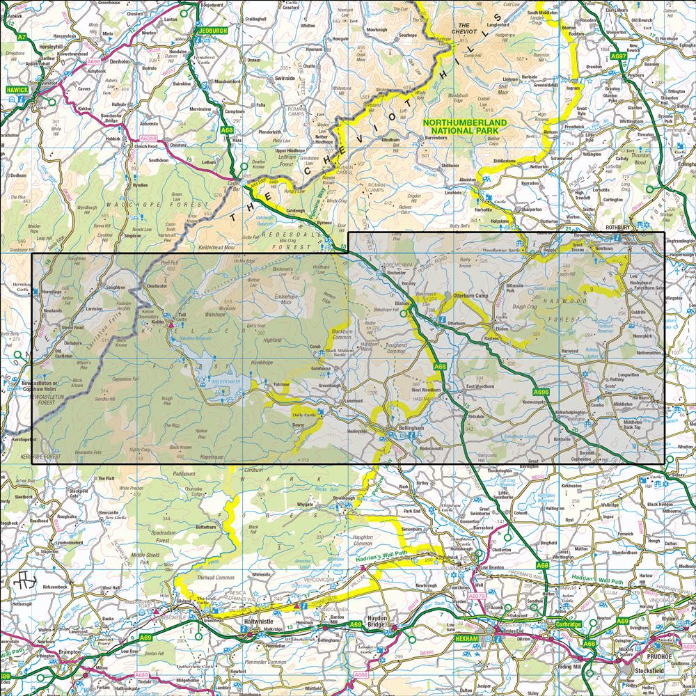 OMN4 image showing the area of the Ordnance Survey 1:25,000 Explorer map OL42 Kielder Water