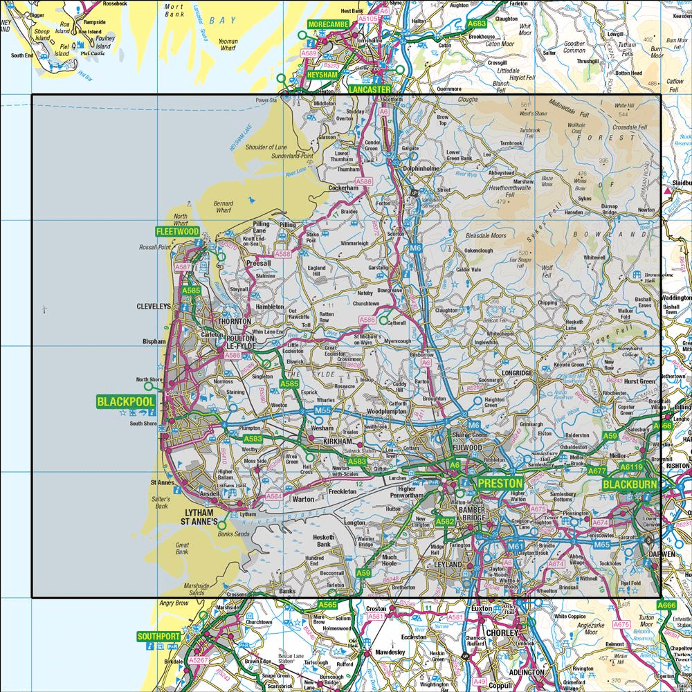 OMN4 image showing the area of the Ordnance Survey 1:50,000 Landranger map 102 Preston & Blackpool Lytham St Anne's
