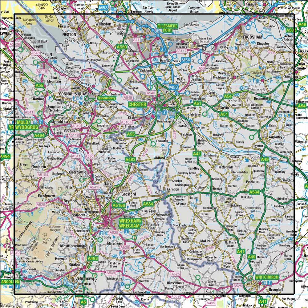 OMN4 image showing the area of the Ordnance Survey 1:50,000 Landranger map 117 Chester & Wrexham Ellesmere Port