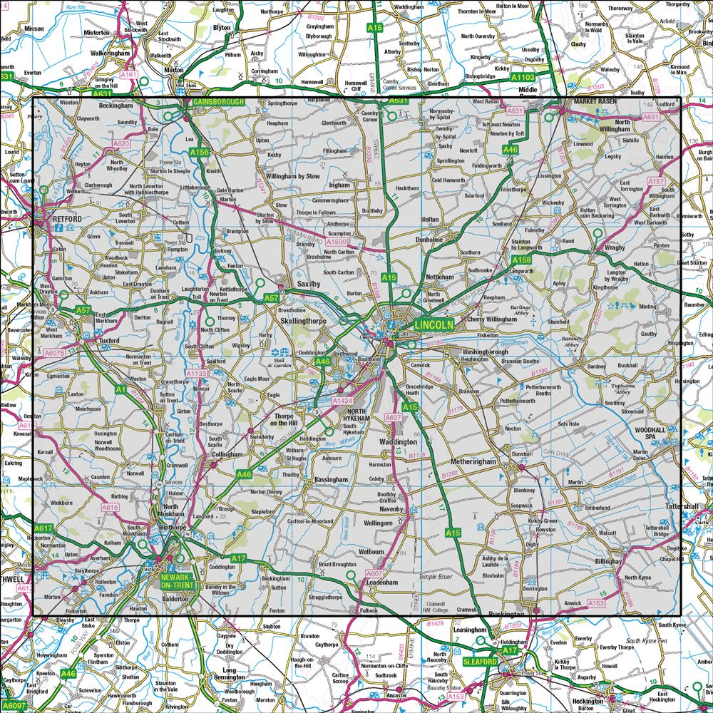 OMN4 image showing the area of the Ordnance Survey 1:50,000 Landranger map 121 Lincoln & Newark-on-Trent