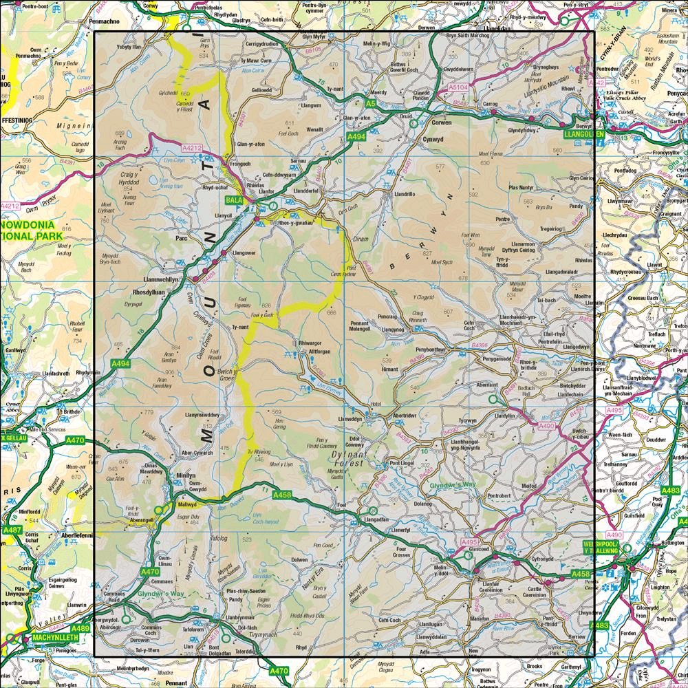 OMN4 image showing the area of the Ordnance Survey 1:50,000 Landranger map 125 Bala & Lake Vyrnwy Berwyn