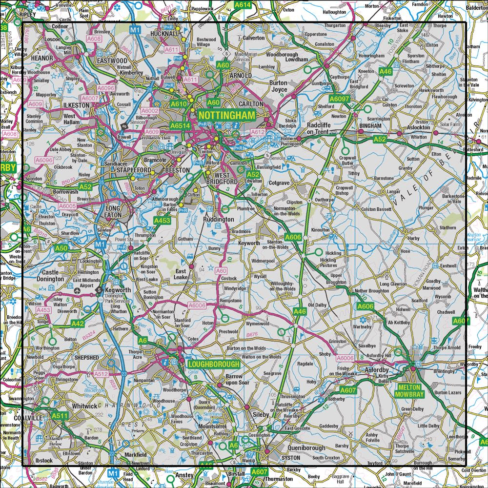 OMN4 image showing the area of the Ordnance Survey 1:50,000 Landranger map 129 Nottingham & Loughborough Melton Mowbray