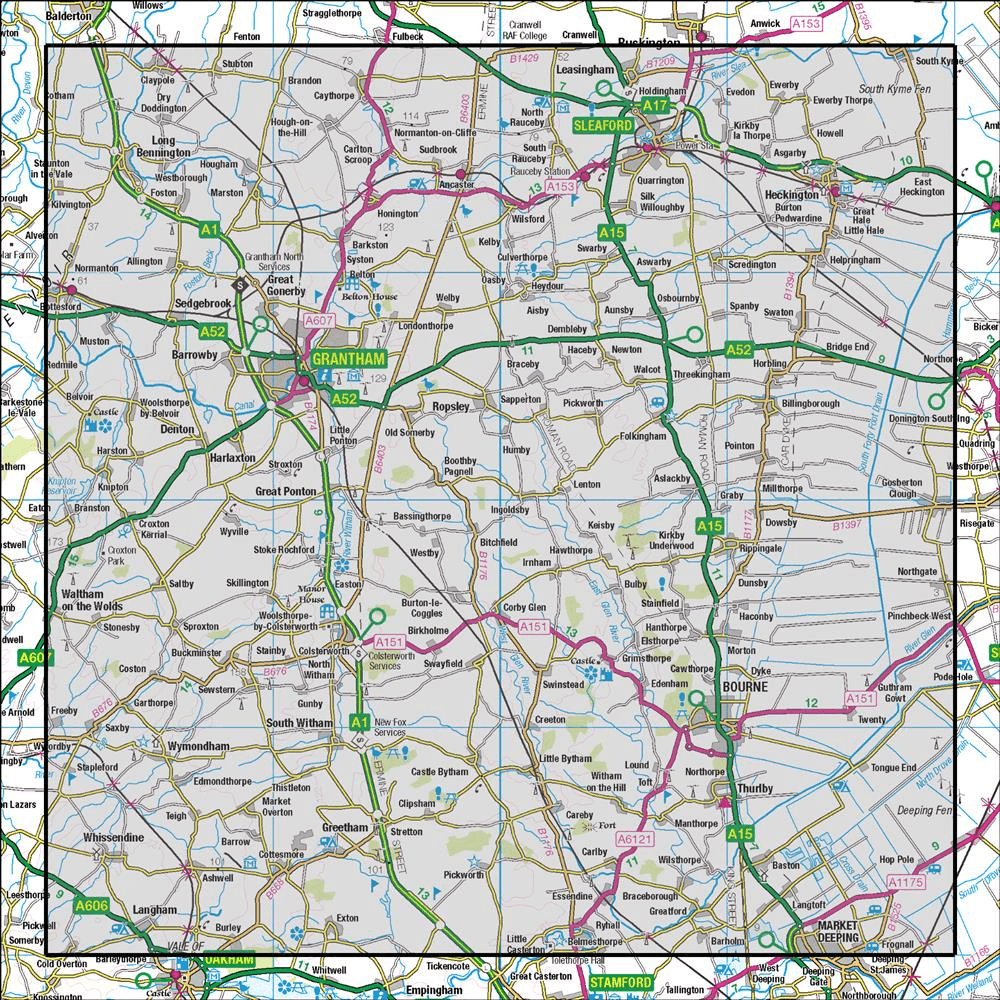 OMN4 image showing the area of the Ordnance Survey 1:50,000 Landranger map 130 Grantham Sleaford & Bourne