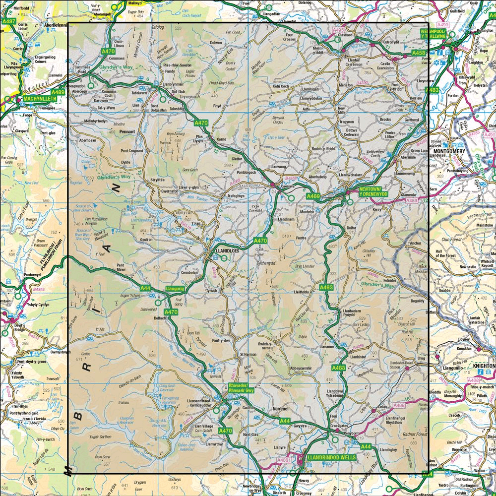 OMN4 image showing the area of the Ordnance Survey 1:50,000 Landranger map 136 Newtown & Llanidloes
