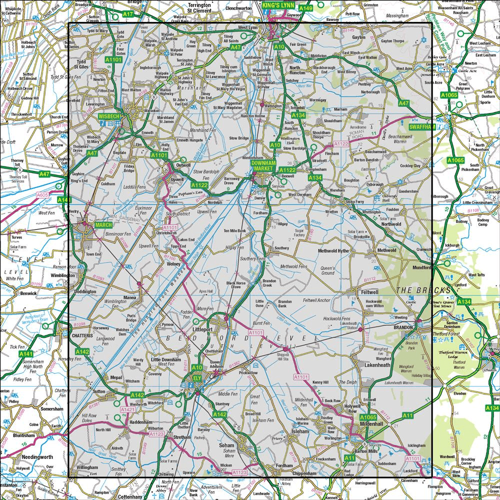 OMN4 image showing the area of the Ordnance Survey 1:50,000 Landranger map 143 Ely & Wisbech Downham Market