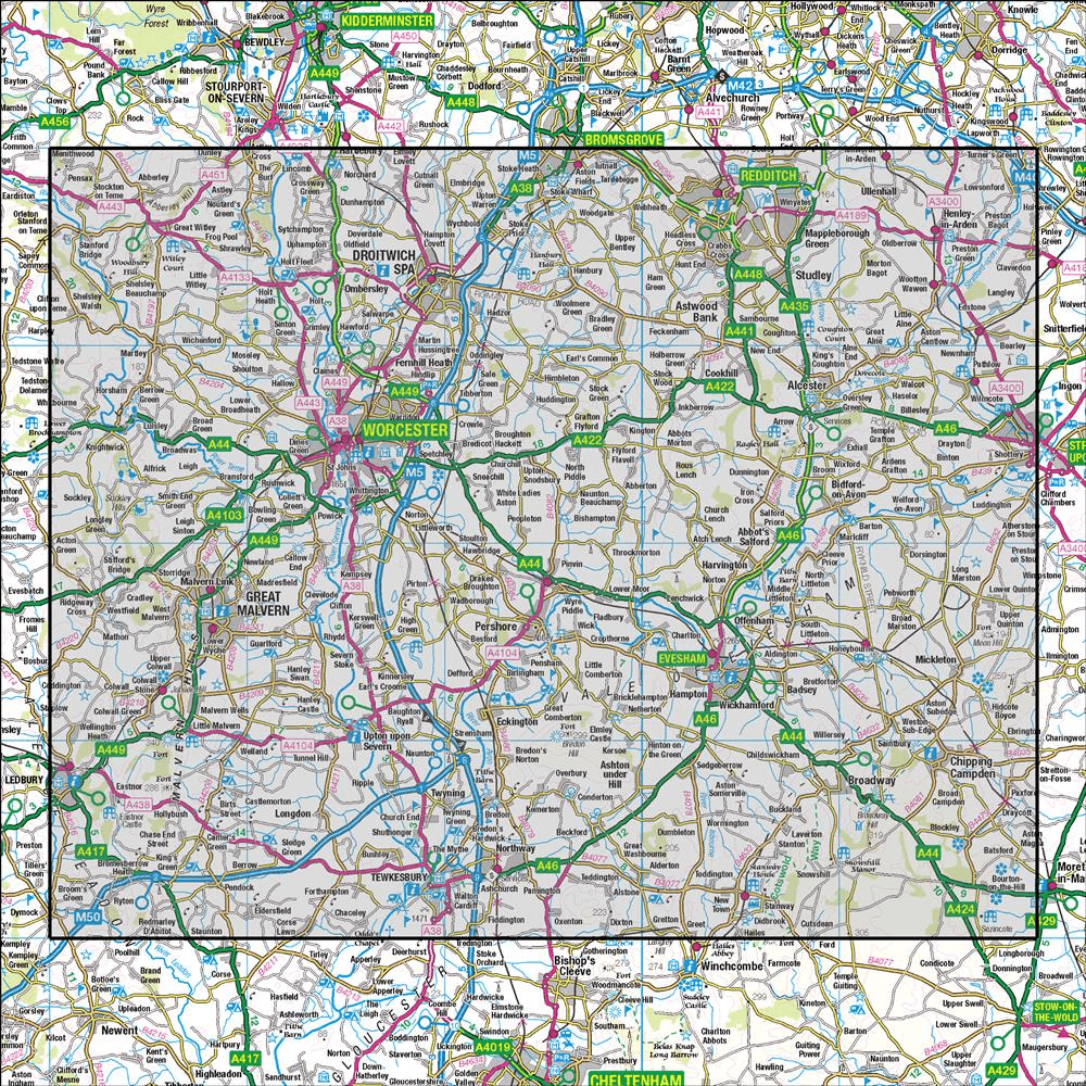 OMN4 image showing the area of the Ordnance Survey 1:50,000 Landranger map 150 Worcester & The Malverns Evesham & Tewkesbury