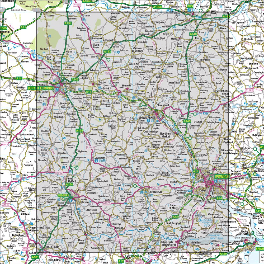 OMN4 image showing the area of the Ordnance Survey 1:50,000 Landranger map 155 Bury St Edmunds Sudbury & Stowmarket