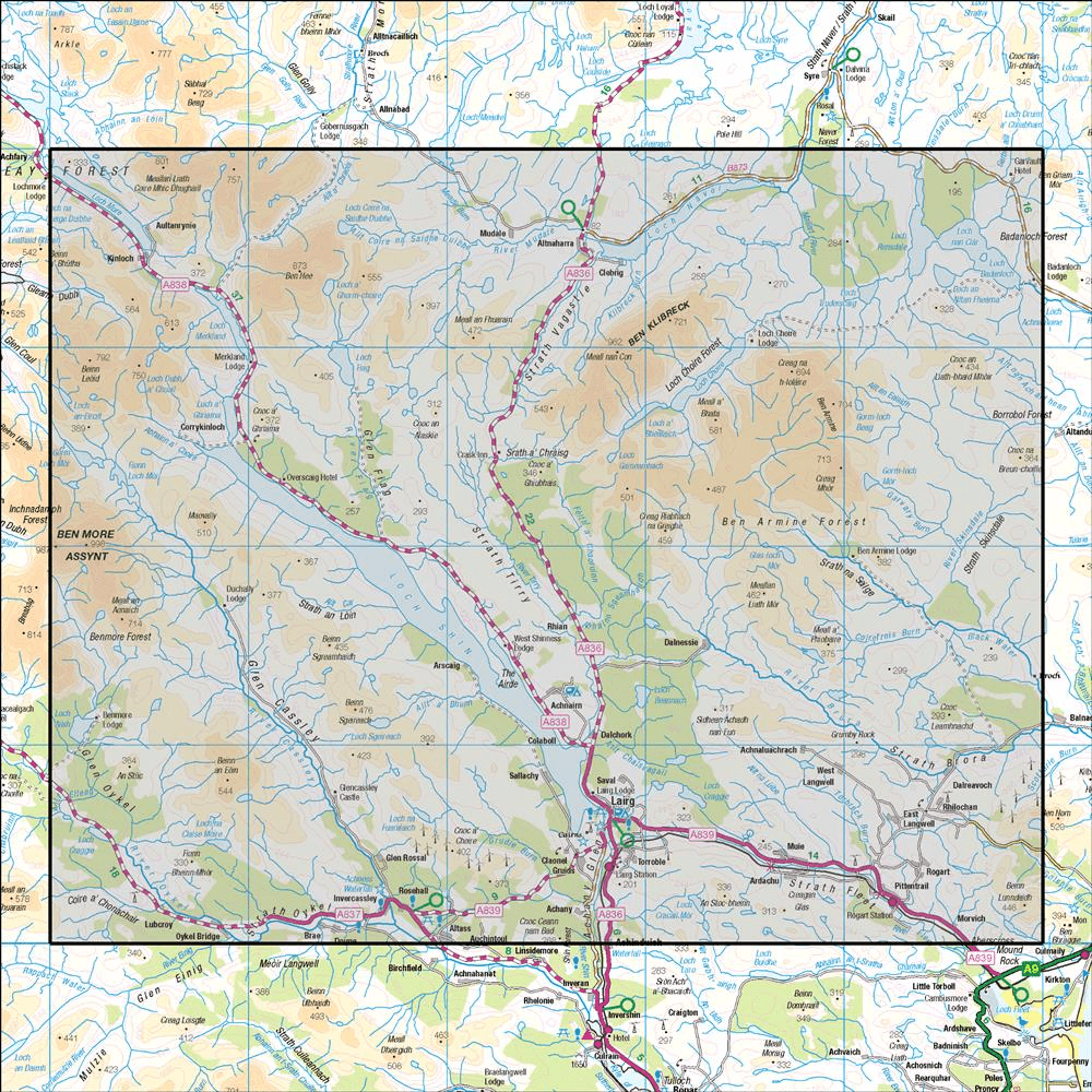 OMN4 image showing the area of the Ordnance Survey 1:50,000 Landranger map 16 Lairg & Loch Shin Loch Naver