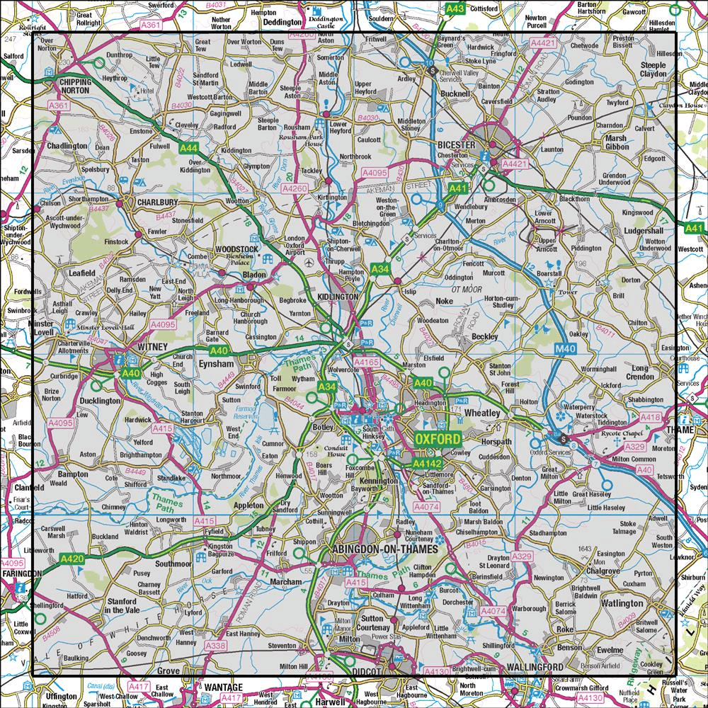 OMN4 image showing the area of the Ordnance Survey 1:50,000 Landranger map 164 Oxford Chipping Norton & Bicester