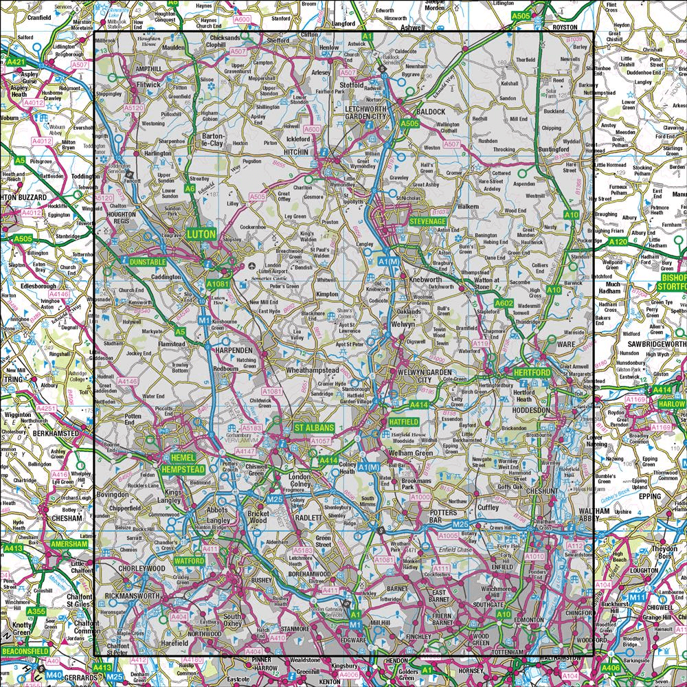 OMN4 image showing the area of the Ordnance Survey 1:50,000 Landranger map 166 Luton & Hertford Hitchin & St Albans