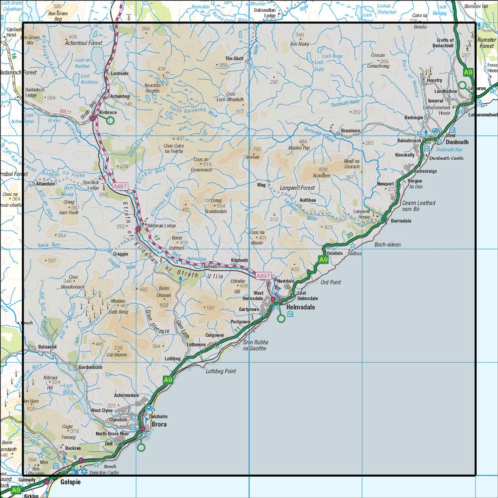 OMN4 image showing the area of the Ordnance Survey 1:50,000 Landranger map 17 Helmsdale & Strath of Kildonan