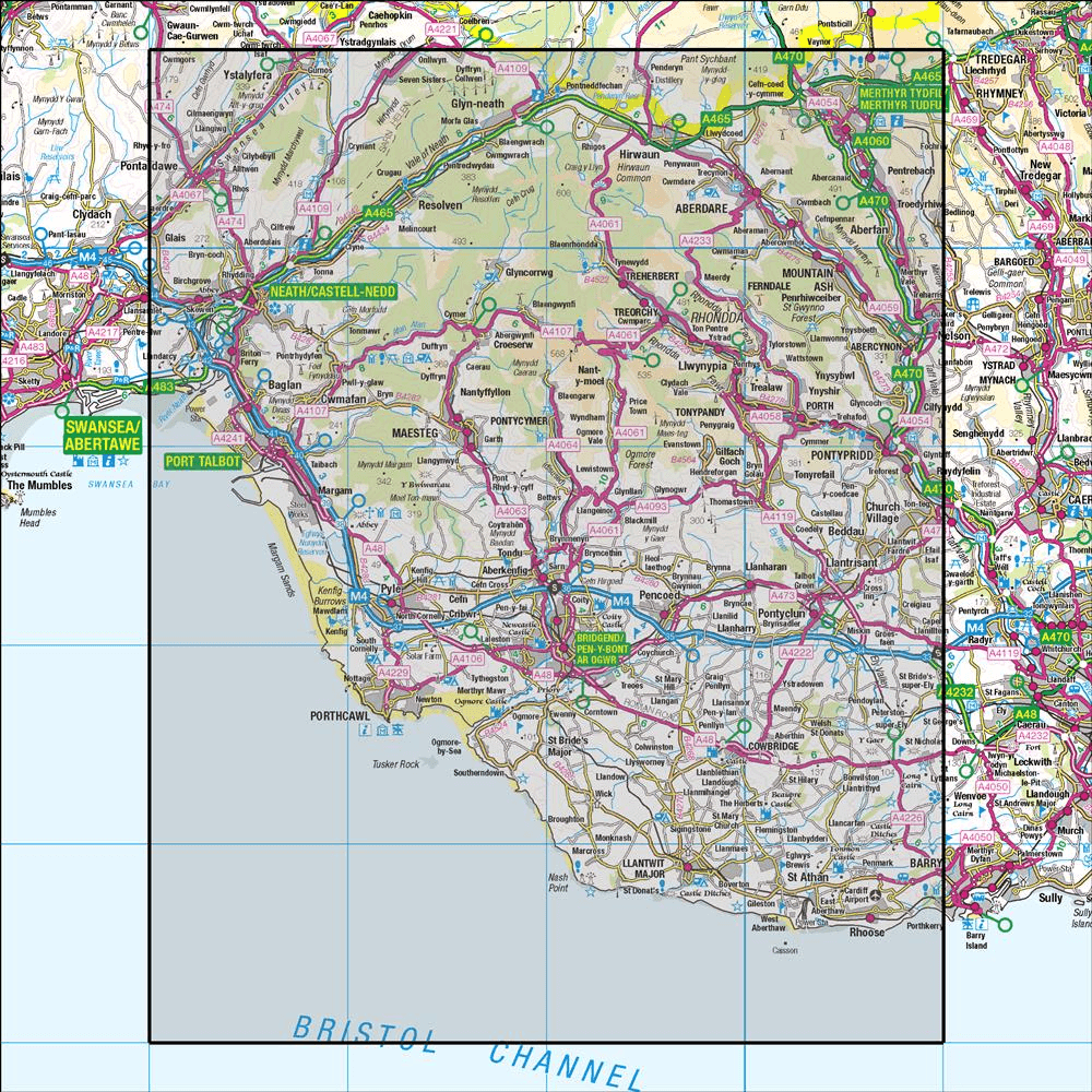 OMN4 image showing the area of the Ordnance Survey 1:50,000 Landranger map 170 Vale of Glamorgan West Porthcawl & Rhondda