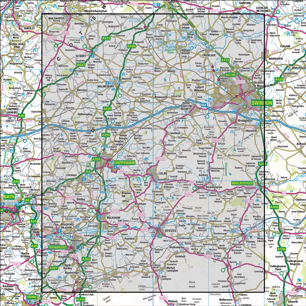 OMN4 image showing the area of the Ordnance Survey 1:50,000 Landranger map 173 Swindon & Devizes Marlborough & Trowbridge