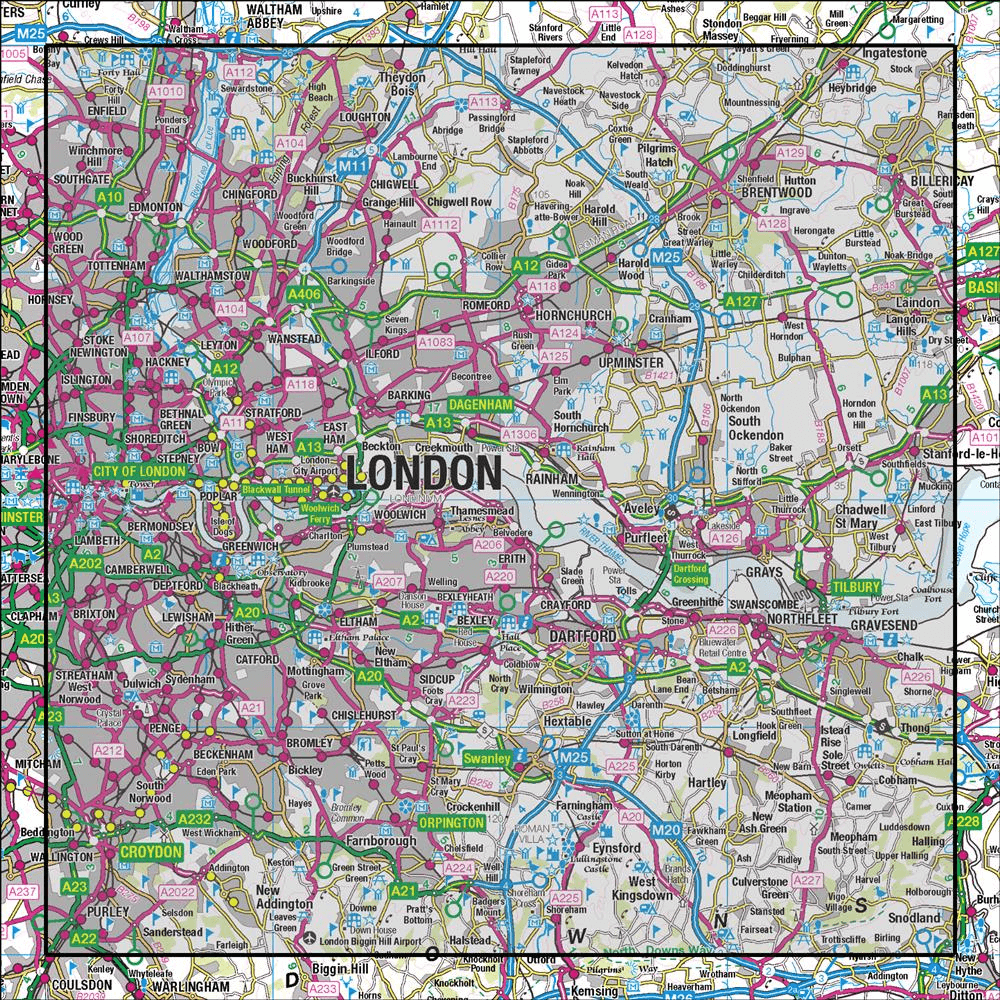 OMN4 image showing the area of the Ordnance Survey 1:50,000 Landranger map 177 East London Billericay & Gravesend