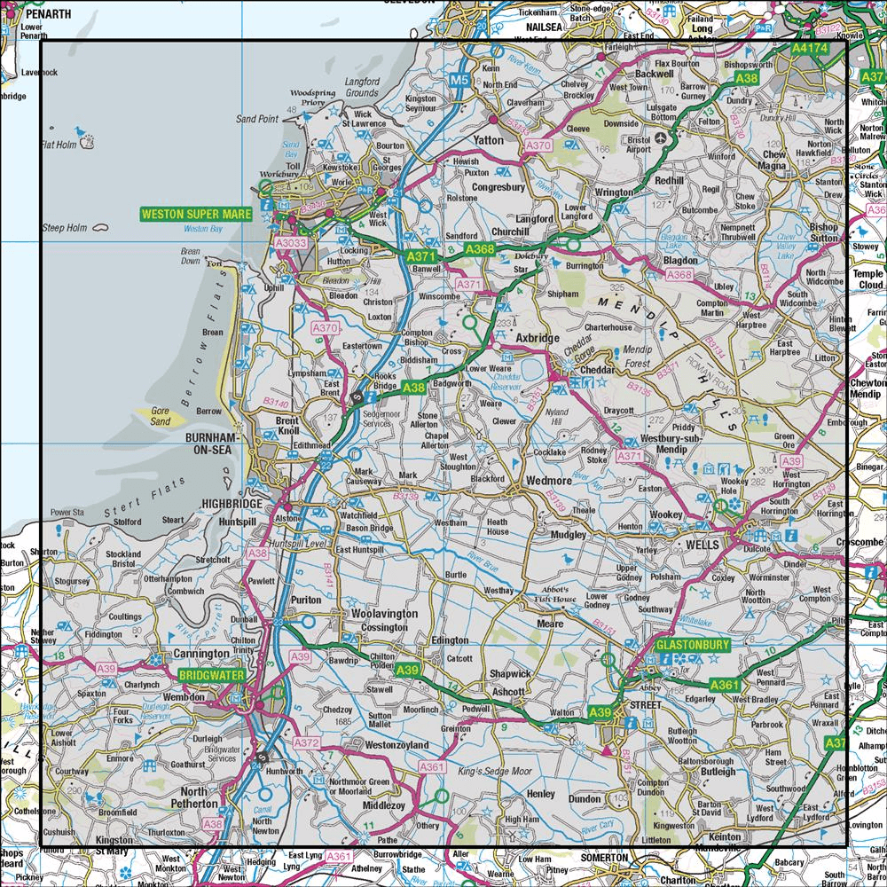 OMN4 image showing the area of the Ordnance Survey 1:50,000 Landranger map 182 Weston-super-Mare Bridgwater & Wells