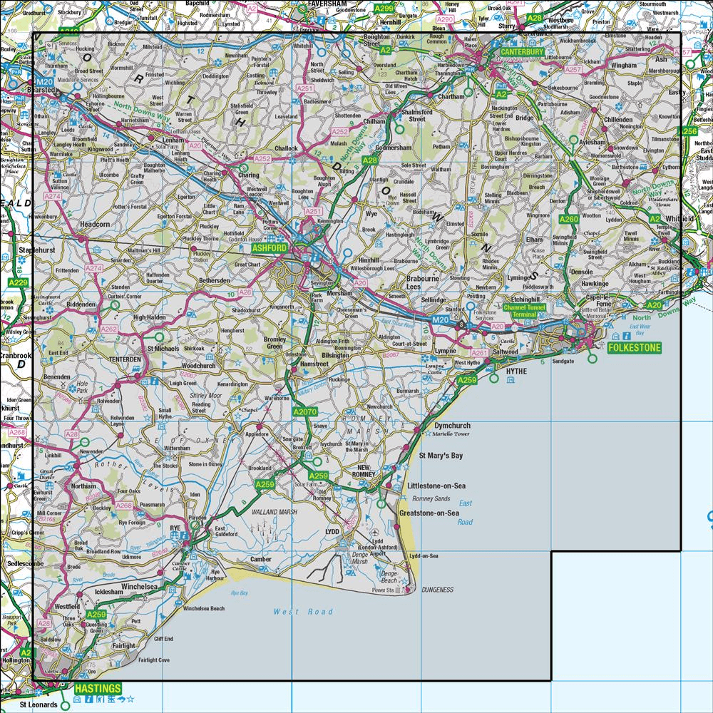 OMN4 image showing the area of the Ordnance Survey 1:50,000 Landranger map 189 Ashford & Romney Marsh Rye & Folkestone