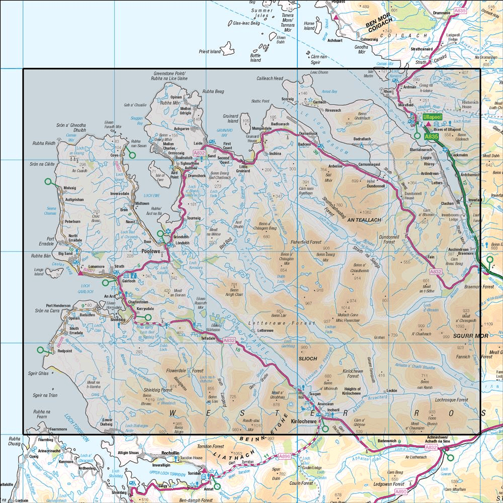 OMN4 image showing the area of the Ordnance Survey 1:50,000 Landranger map 19 Gairloch & Ullapool Loch Maree