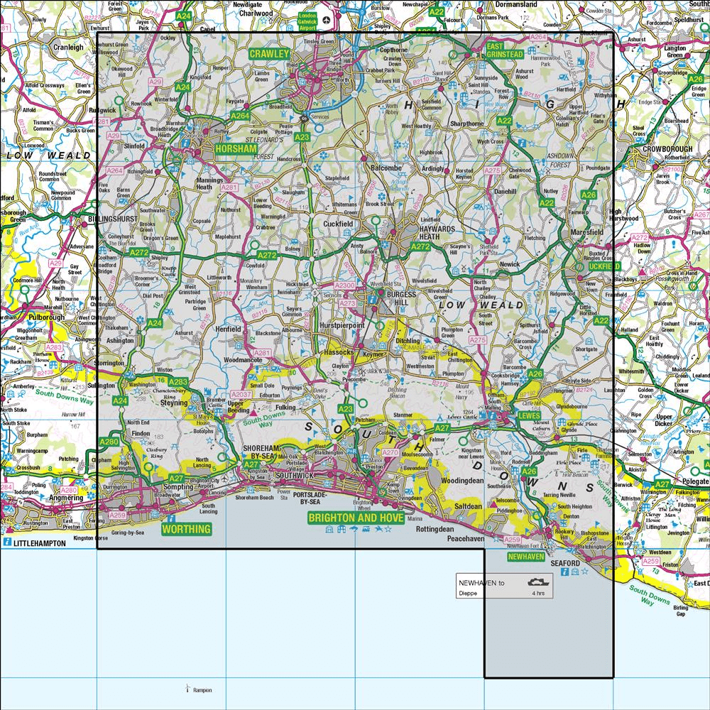 OMN4 image showing the area of the Ordnance Survey 1:50,000 Landranger map 198 Brighton & Lewes Worthing, Horsham & Haywards Heath