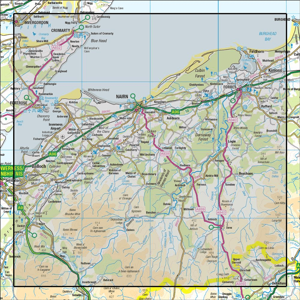 OMN4 image showing the area of the Ordnance Survey 1:50,000 Landranger map 27 Nairn & Forres River Findhorn
