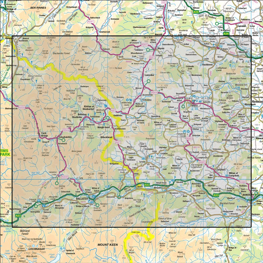 OMN4 image showing the area of the Ordnance Survey 1:50,000 Landranger map 37 Strathdon & Alford